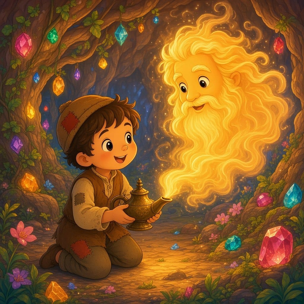 Aladdin knæler i en hule med lysende ædelstensfrugter og holder lampen, mens en venlig ånd af gylden røg stiger op