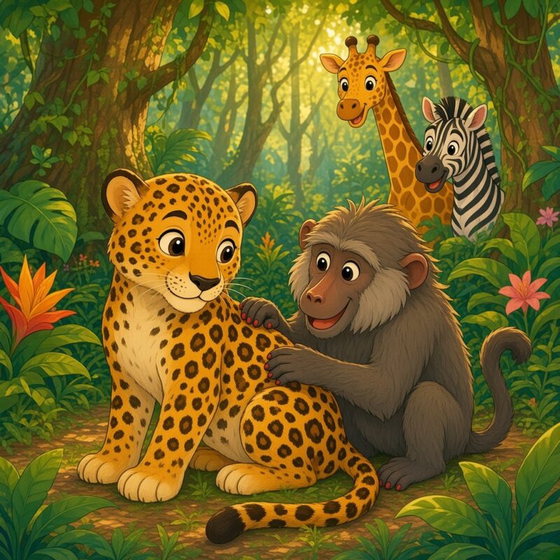 Bavianen trykker sorte pletter i leopardens gule pels i skoven, mens giraffen og zebraen kigger med