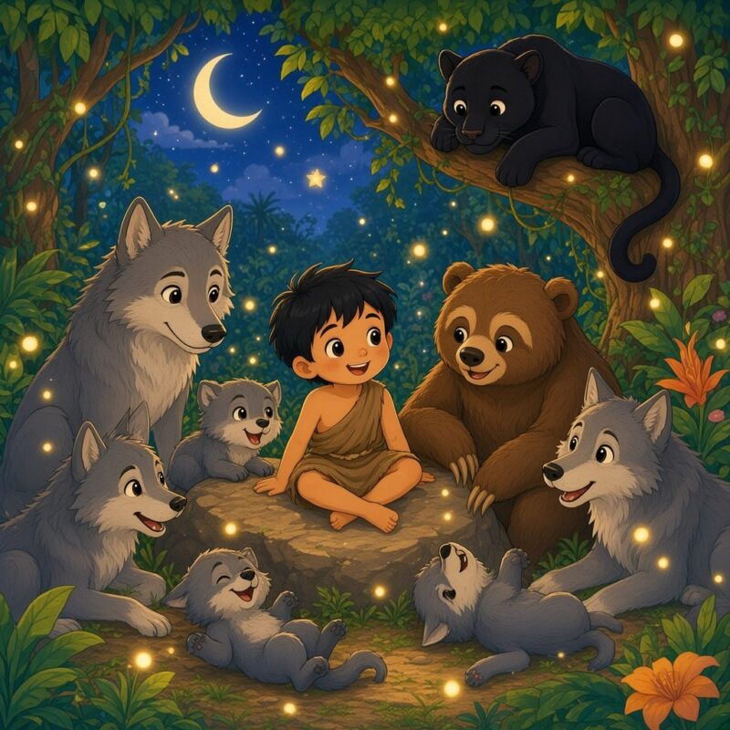 Mowgli sidder på en sten i junglen om natten mellem ulvefamilien, bjørnen Baloo og panteren Bagheera