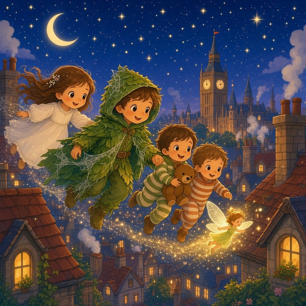 Peter Pan i blade flyver over Londons tage om natten med Wendy, John og Michael og en lille lysende fe