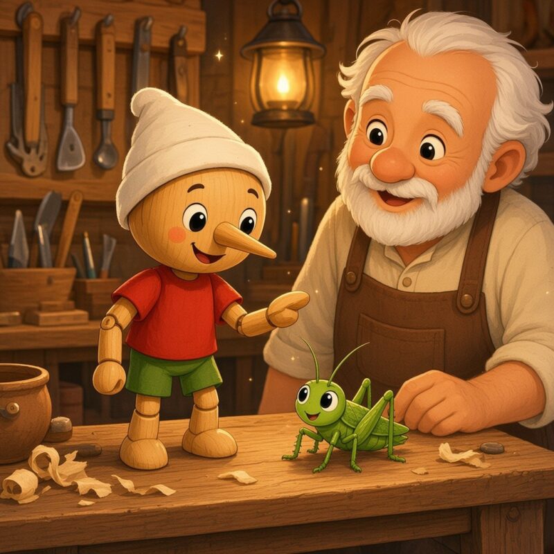 Trædukken Pinocchio med lang næse står på høvlebænken i Geppettos værksted sammen med en lille, venlig grøn fårekylling