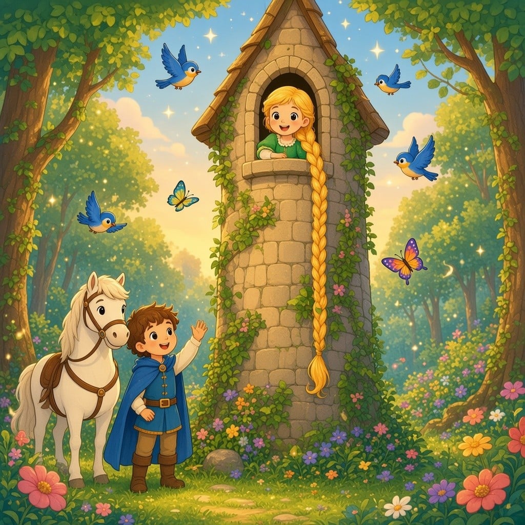 Rapunzel lader sin lange gyldne fletning hænge ned fra det eneste vindue højt oppe i stentårnet, som ingen dør har, mens kongesønnen og hans hvide hest venter nedenfor