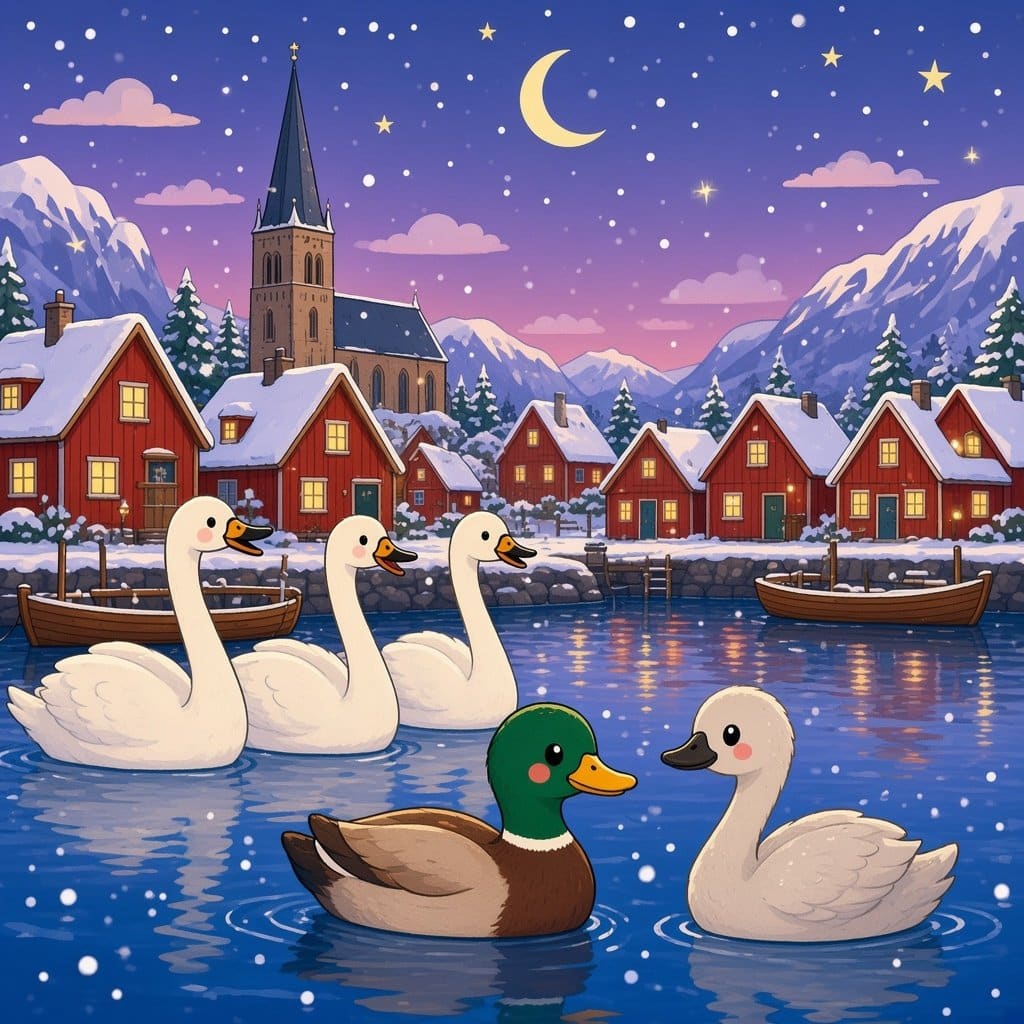 Sangsvanen og gråanden i havnen